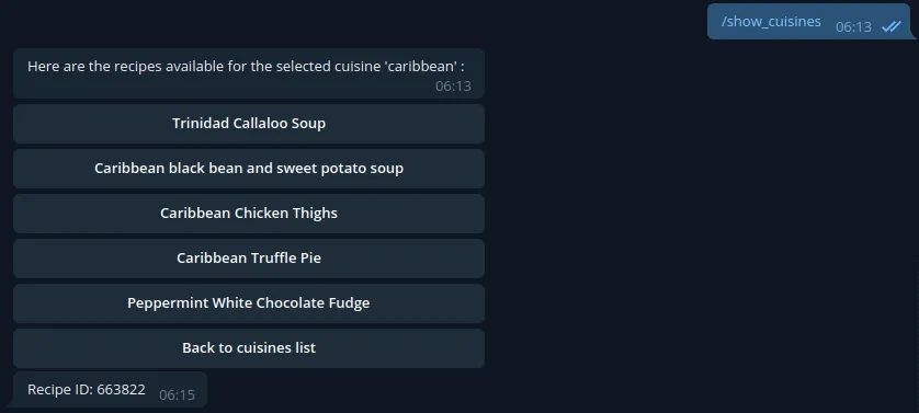 Recipes for the selected cuisine